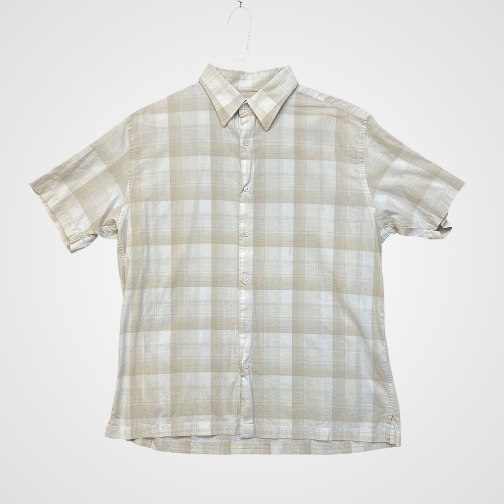 Perry Ellis Button Down Shirt Mens Large Beige Plaid Short Sleeve Cotton